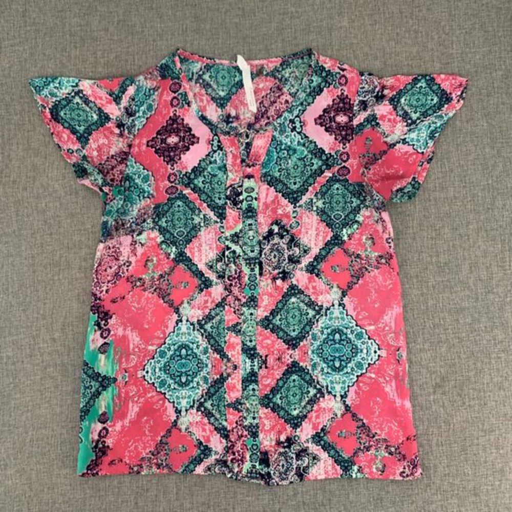 NY‎ Collection Cute Lightweight Blouse  Pink Green Round Neck Petite Small